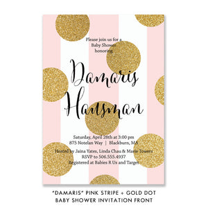 "Damaris" Pink Stripe + Gold Dot Baby Shower Invitation