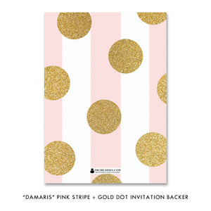 Pink stripe + Gold glitter dot "Damaris" bachelorette party invitation backer | digibuddha.com
