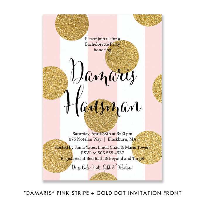 Pink stripe + Gold glitter dot "Damaris" bachelorette party invitation | digibuddha.com