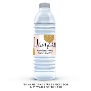 Pink stripe + gold glitter dots "Damaris" bachelorette party water bottle labels | digibuddha.com