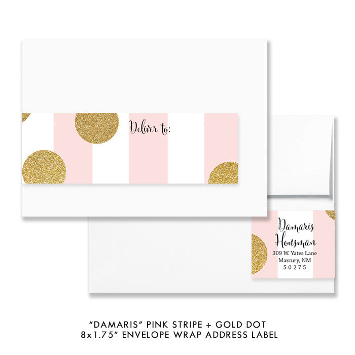 Pink stripe + gold glitter dots "Damaris" envelope wrap address label | digibuddha.com