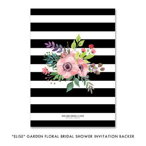 Elegant garden bridal shower invitation featuring a floral theme with modern black and white stripes and colorful flowers.