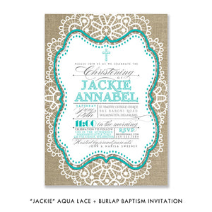 "Jackie" Aqua Lace + Burlap Christening Invitation