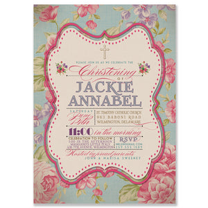 "Jackie" Vintage Rose Christening Invitation