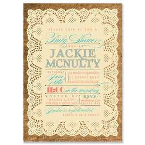 "Jackie" Lace + Burlap Baby Shower Invitation