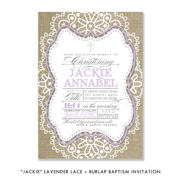 "Jackie" Lavender Lace + Burlap Christening Invitation