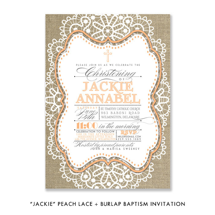 "Jackie" Peach Lace + Burlap Christening Invitation