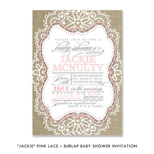 "Jackie" Pink Lace + Burlap Baby Shower Invitation