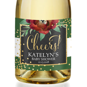 "Katelyn" Green + Gold Holiday Baby Shower Champagne Labels