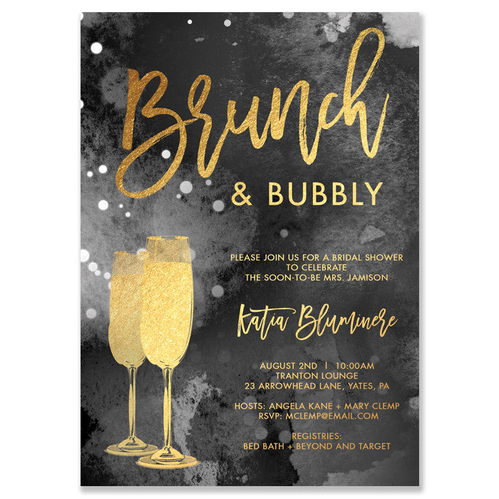 Champagne Black Gold Brunch & Bubbly Bridal Shower Invitation with black and gold hues, champagne glasses, and tie dye effect 