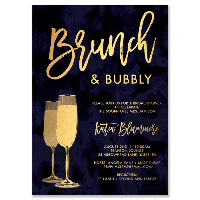 Elegant Navy and Gold Brunch & Bubbly Bridal Shower Invitation with an elegant navy backdrop and golden champagne glasses.