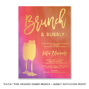 Chic Brunch & Bubbly Bridal Shower Invitations with orange, pink, gold hues, and champagne glasses.