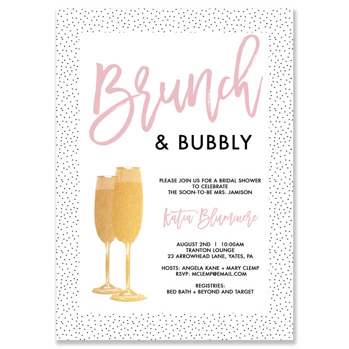 Elegant Dots + Blush Pink Brunch & Bubbly Bridal Shower Invitation featuring tiny dots and elegant gold champagne glasses