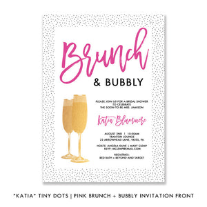 Chic Dots + Pink Brunch and Bubbly Bridal Shower Invitation featuring a chic tiny dots border and gold champagne glasses