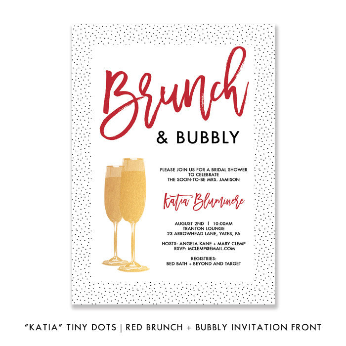 Chic Red & Gold Brunch and Bubbly Bridal Shower Invitation with a dots border, bold red text, and chic gold champagne glasses