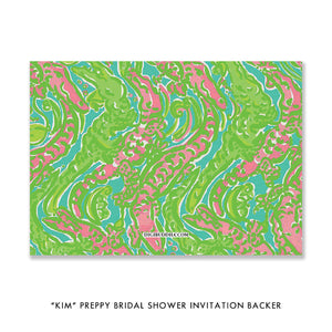 Chic Paisley Bridal Shower Invitation with preppy pink and green paisley print and artsy wedding dress design.