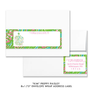 Chic Paisley Bridal Shower Invitation with preppy pink and green paisley print and artsy wedding dress design.