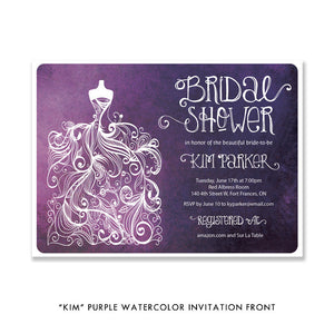Chic Purple Watercolor Bridal Shower Invitation featuring a fashion wedding dress design, perfect for modern brides.