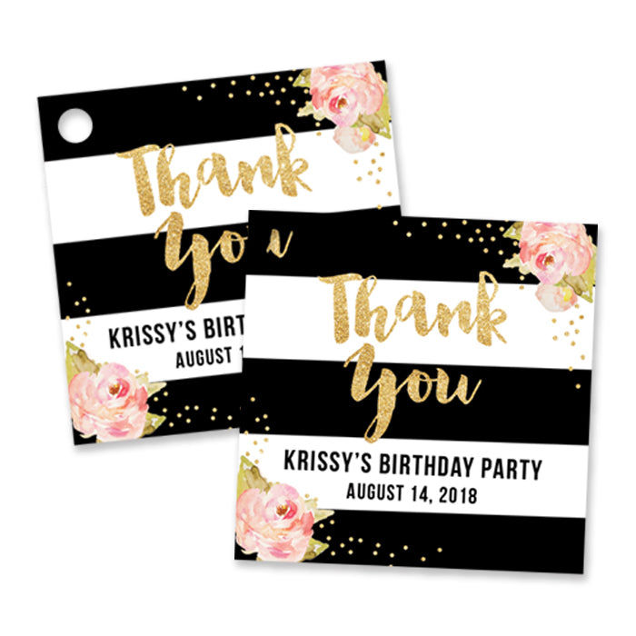 "Krissy" Black Stripes Birthday Party Favor Tags