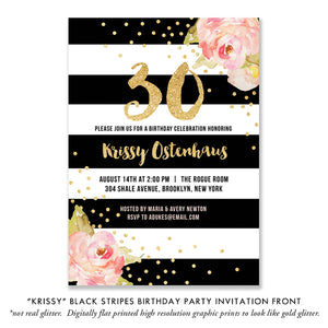 "Krissy" Black Stripes Birthday Party Invitation