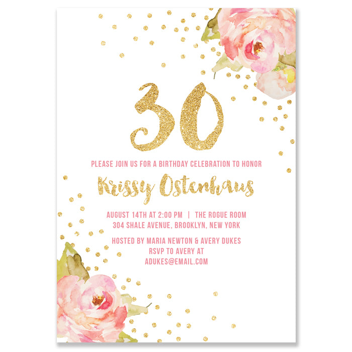 Pink and Gold Peony Watercolor Birthday Invitation