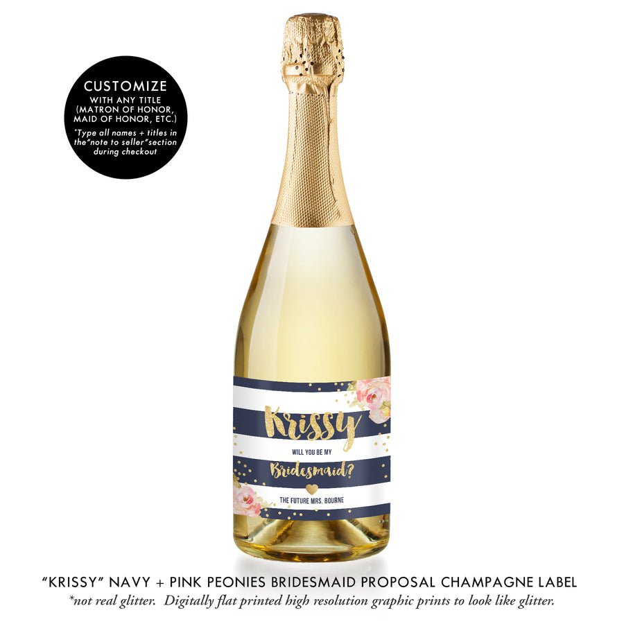"Krissy" Navy + Pink Peonies Bridesmaid Proposal Champagne Labels