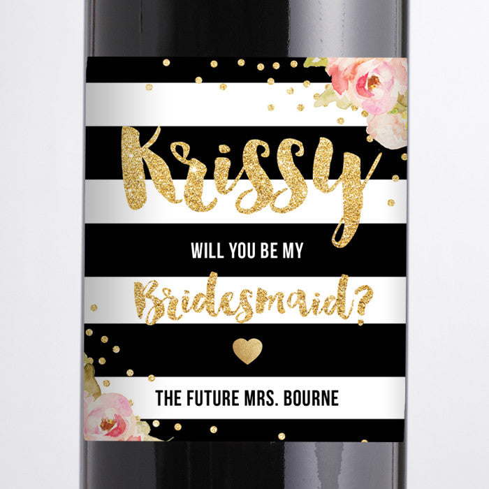 "Krissy" Stripes + Pink Peonies Bridesmaid Proposal Wine Labels