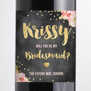 "Krissy" Chalkboard Pink Peony Bridesmaid Proposal Wine Labels