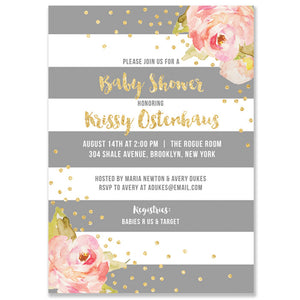 "Krissy" Gray Stripe Baby Shower Invitation