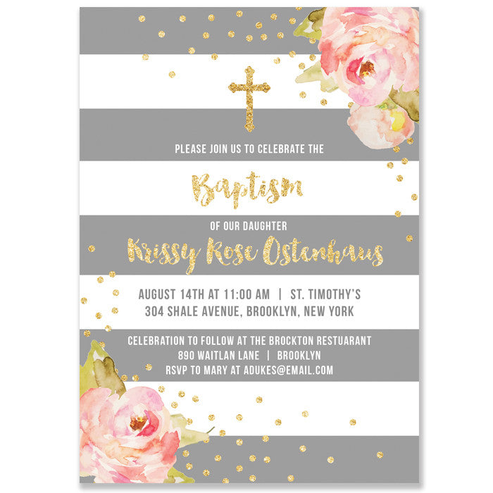 "Krissy" Gray Stripe Baptism Invitation