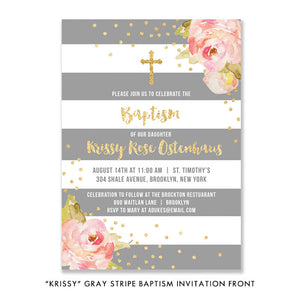"Krissy" Gray Stripe Baptism Invitation