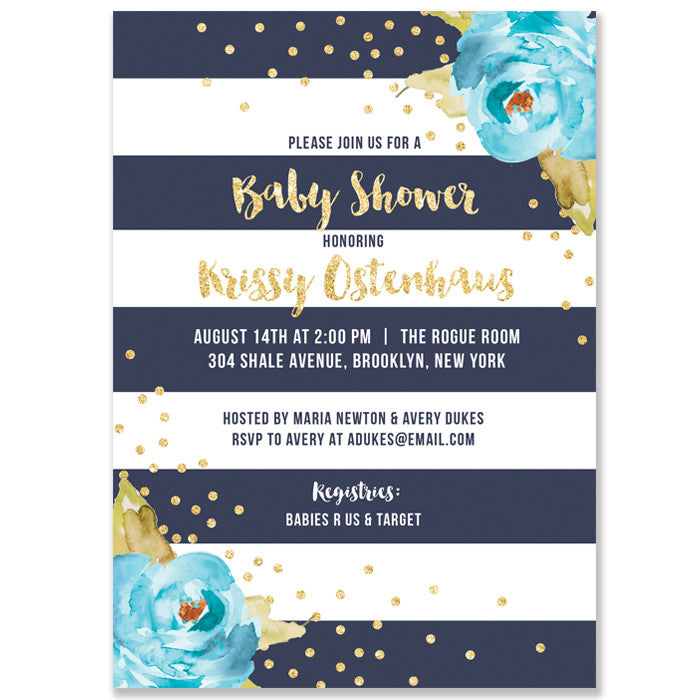 "Krissy" Navy Stripe Baby Shower Invitation