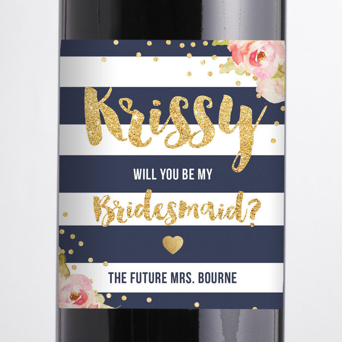 "Krissy" Navy + Pink Peonies Bridesmaid Proposal Wine Labels