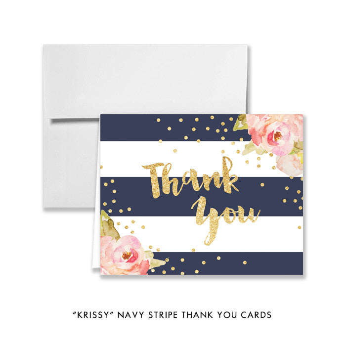 Elegant Navy Stripe and Pink Brunch and Bubbly Bridal Shower Invitations, with navy blue stripes and a corner flower design