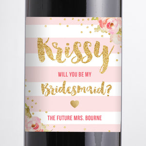 "Krissy" Blush Pink Peonies Bridesmaid Proposal Wine Labels