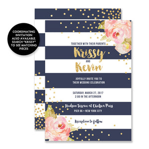 "Krissy" Navy Stripe + Pink Peonies RSVP Card
