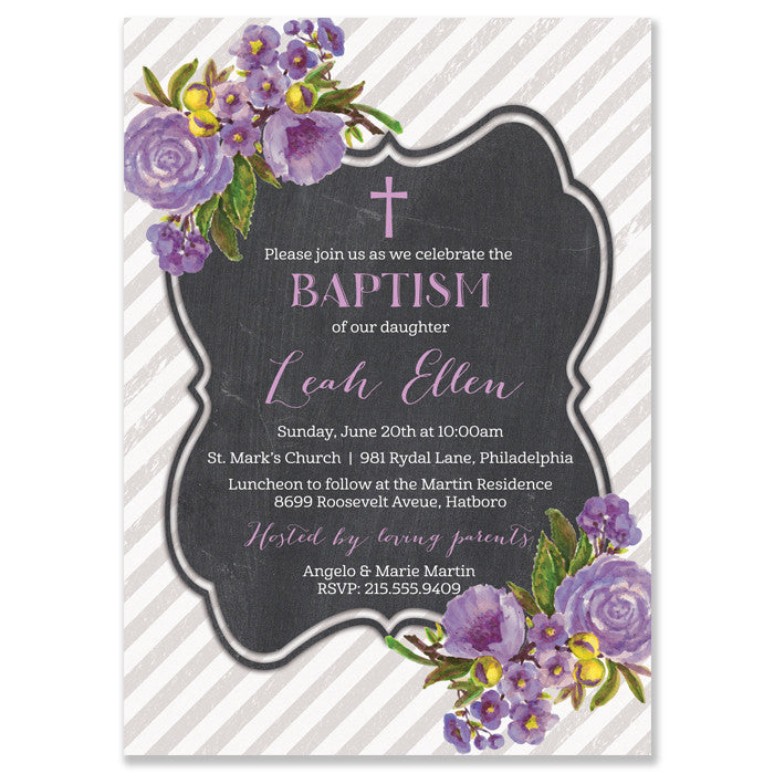 “Leah” Purple Bloom + Chalkboard Baptism Invitation