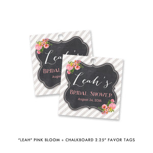 Elegant Pink Bloom and Chalkboard Bridal Shower Invitation with flowy pink fonts and grey striped background.