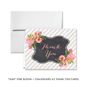 Elegant Pink Bloom and Chalkboard Bridal Shower Invitation with flowy pink fonts and grey striped background.
