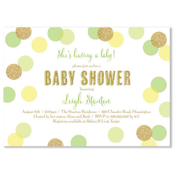 "Leigh" Lime, Yellow + Gold Glitter Dots Baby Shower Invitation