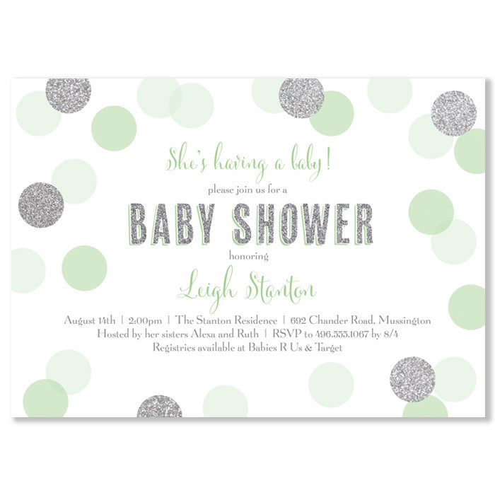 "Leigh" Mint + Silver Glitter Dots Baby Shower Invitation
