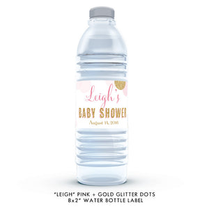Pink + gold glitter dots "Leigh" waterproof water bottle labels | digibuddha.com 