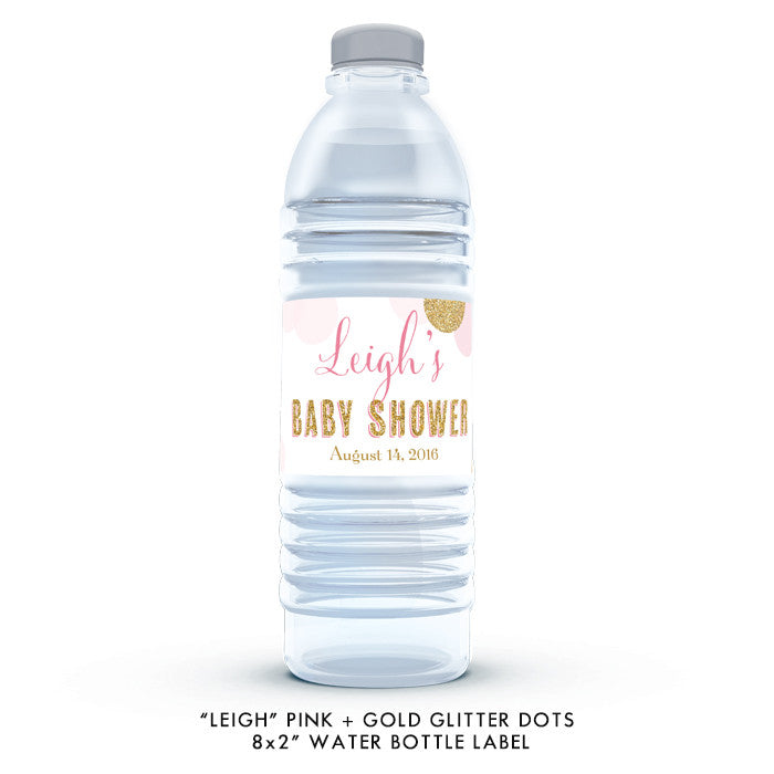 Pink + gold glitter dots "Leigh" waterproof water bottle labels | digibuddha.com 