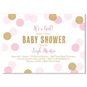 "Leigh" Pink + Gold Glitter Dots Baby Shower Invitation