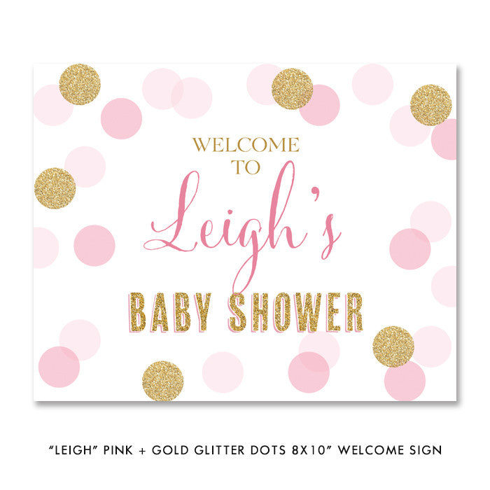 Pink + gold glitter dots "Leigh" baby shower welcome party sign | digibuddha.com 