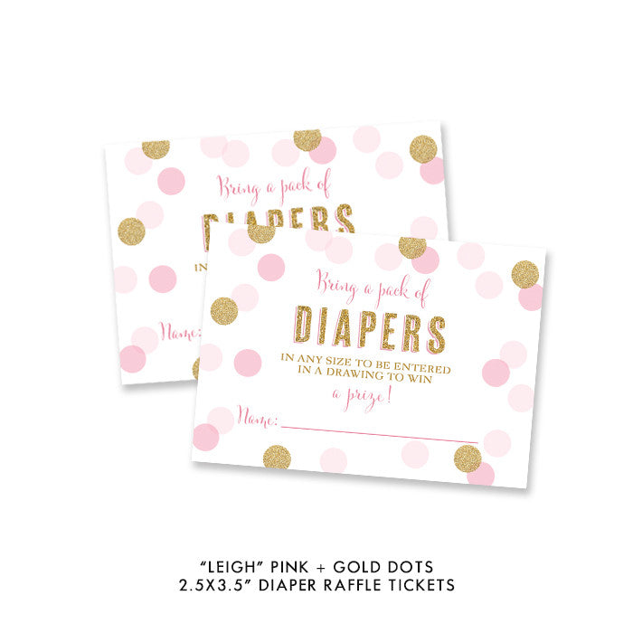 Pink + gold glitter dots "Leigh" diaper raffle ticket cards | digibuddha.com 