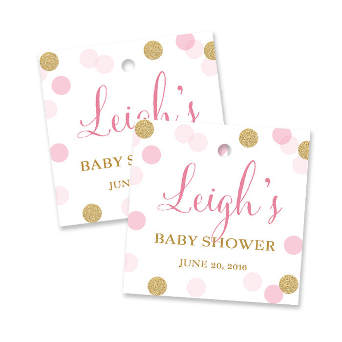 Pink + gold glitter dots "Leigh" baby shower favor tags | digibuddha.com