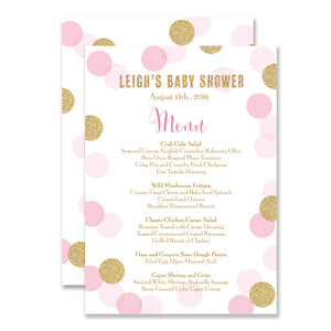 Pink + gold glitter dots "Leigh" baby shower menu | digibuddha.com