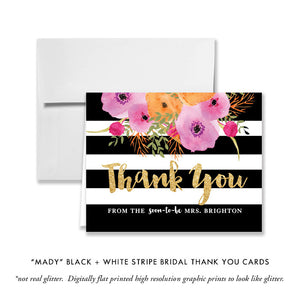 "Mady" Black + White Stripe Bridal Thank You Card