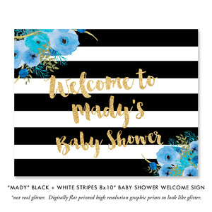 "Mady" Black + White Stripe Blue Flowers Baby Sprinkle Invitation